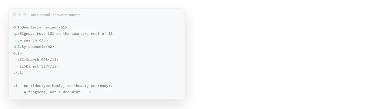 The output of a Markdown converter: heading and paragraph tags, no doctype and no head section.
