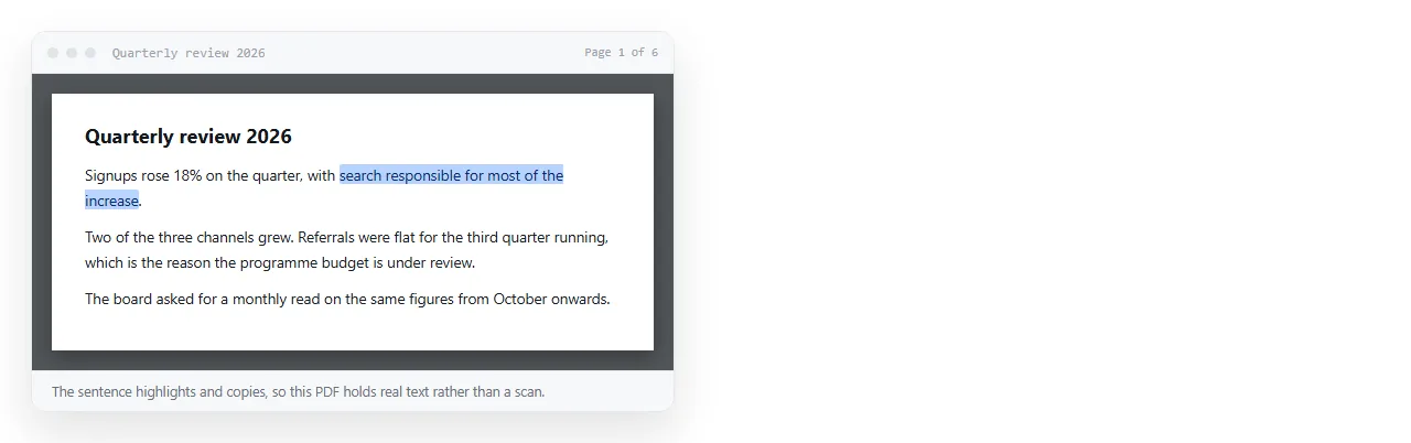 A PDF with a sentence selected, confirming there is real text inside rather than a scan.