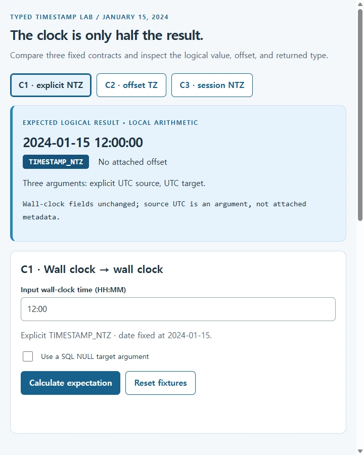 Snowflake • inspect the timestamp contract — Choose an explicit conversion signature and preserve the distinction between an unzoned wall-clock result and a zone-offset timestamp,…
