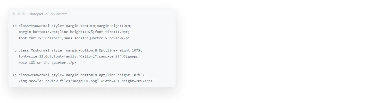 The converted file open in a plain text window, showing the style attributes Word leaves on each paragraph.