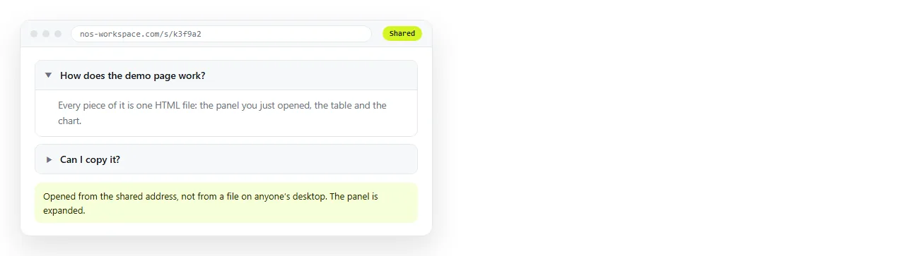 The demo page open from its shared address, with a details panel expanded.