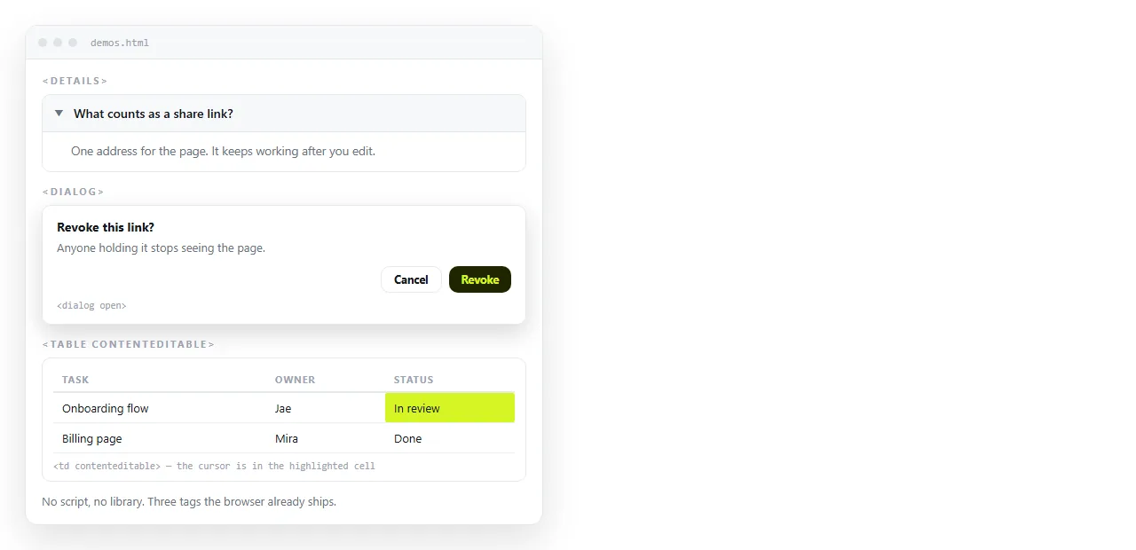 One page showing a details panel, a dialog and an editable table, all plain markup.
