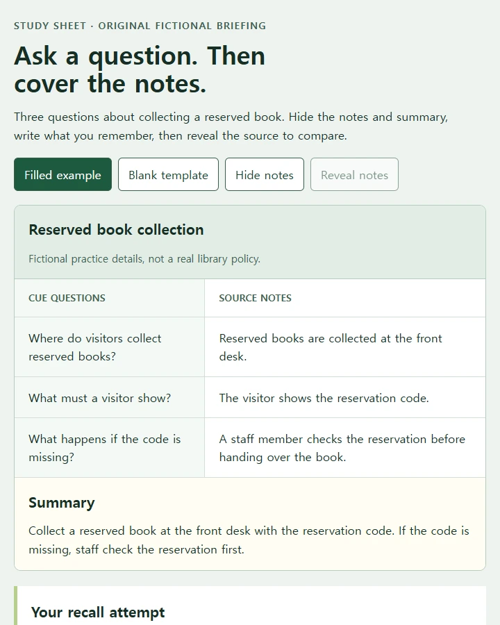 Cue questions, source notes and a recall attempt that stays visible