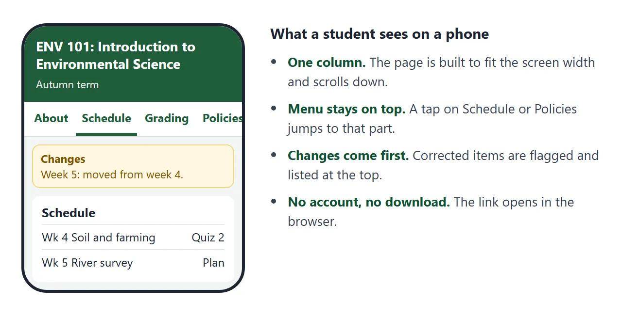 What a student sees when the link is opened on a phone.