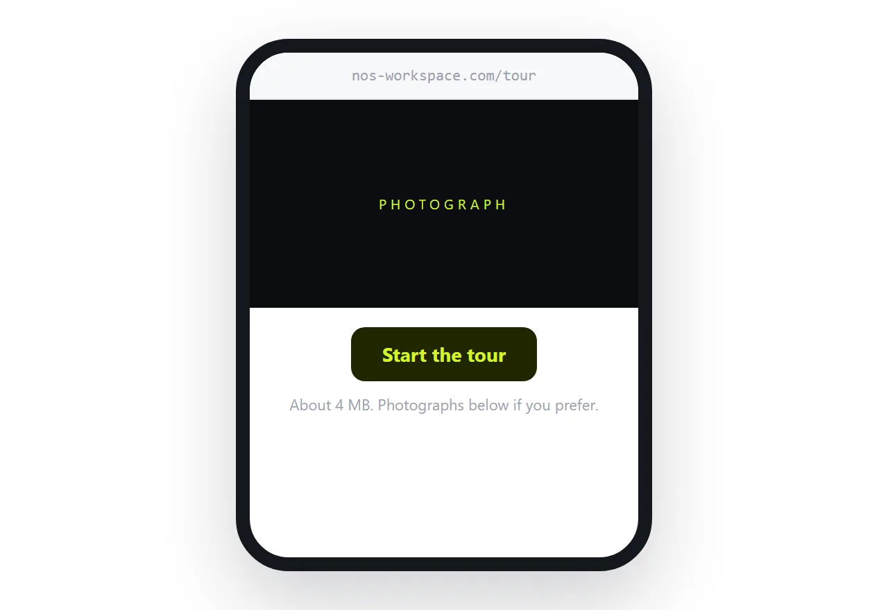 A tour page showing a photograph with a control to begin the walkthrough.