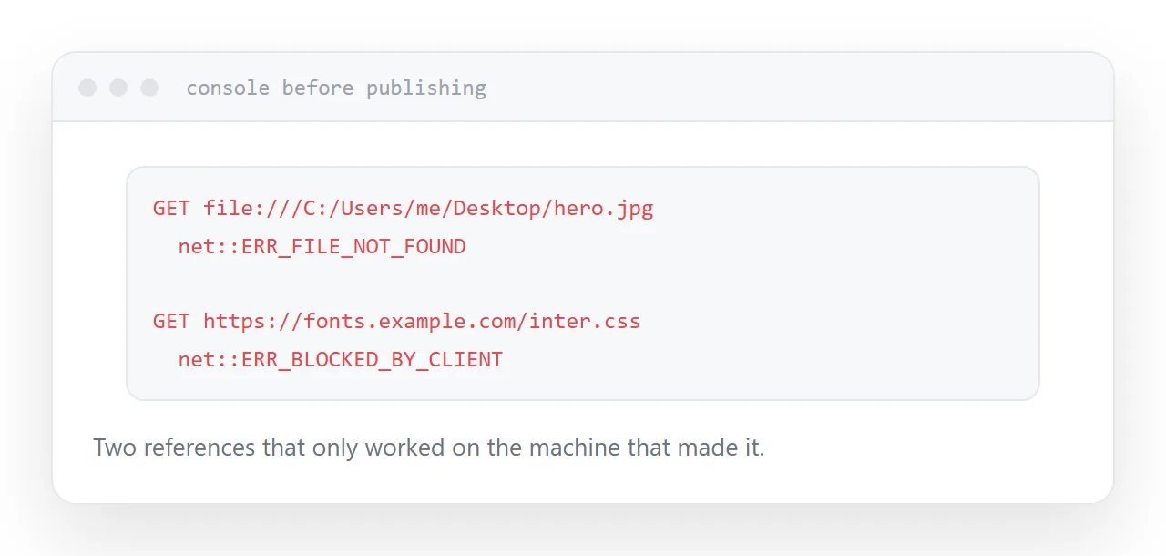 A browser console showing two failed external requests before publishing.