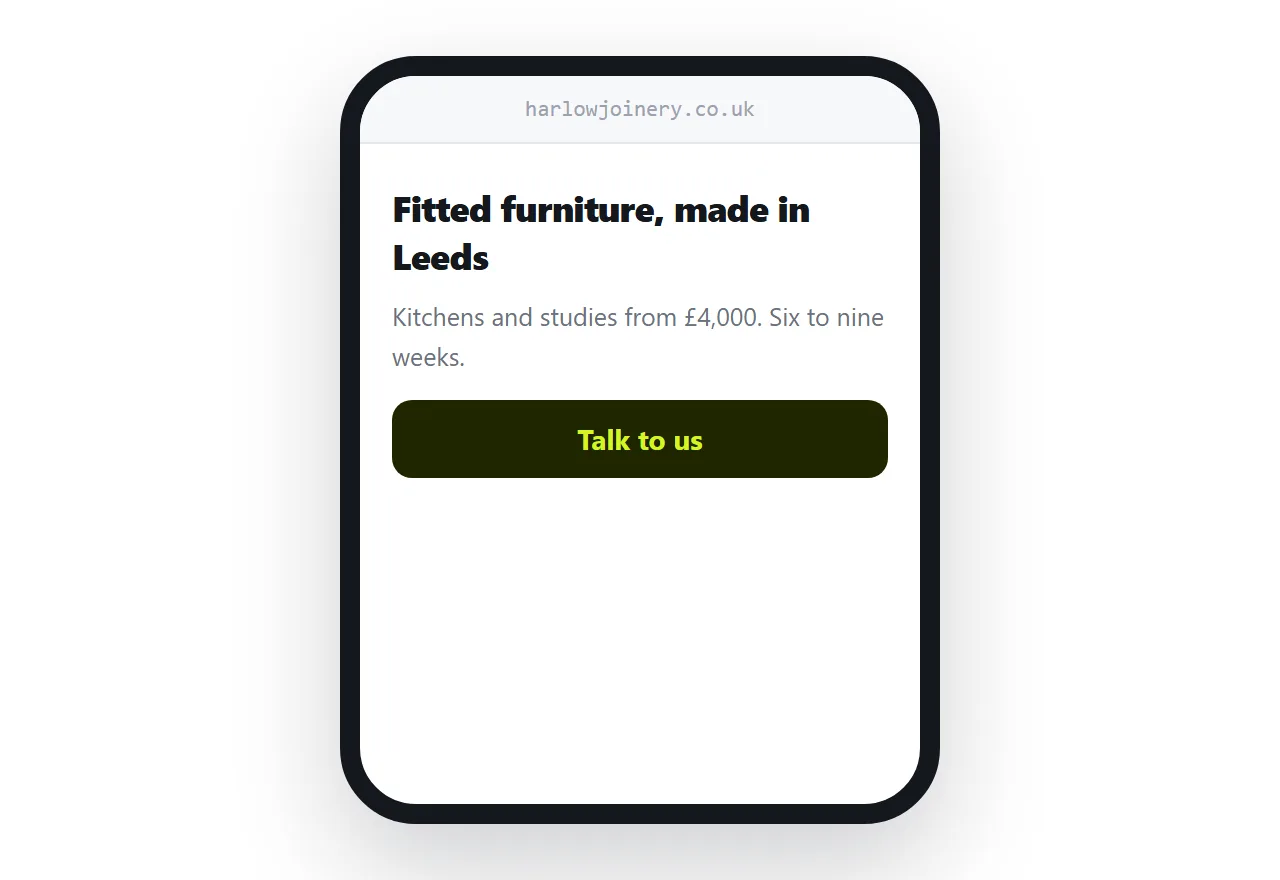 A generated business page opened from a link on a phone.