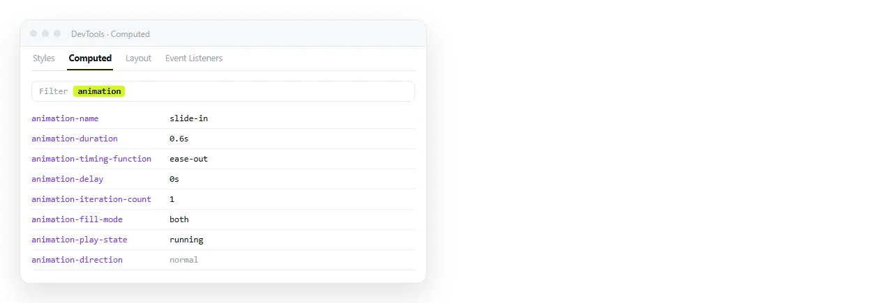 The computed styles panel filtered to animation, showing the name and duration the browser resolved.