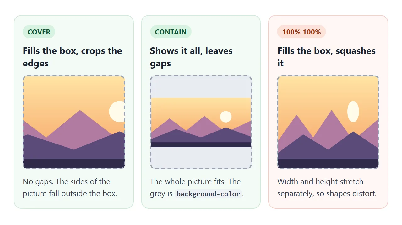 cover fills and crops, contain fits and leaves gaps, 100% 100% stretches.