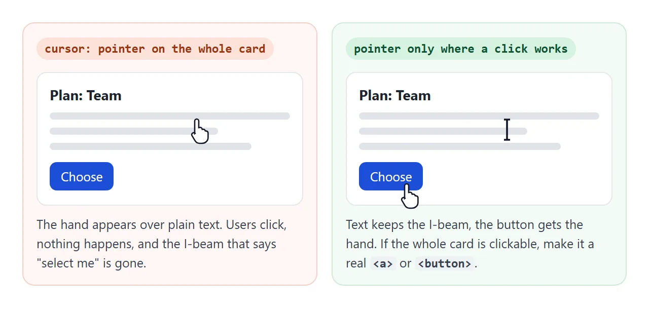 The hand over plain text promises a click that does nothing. Keep it on what can actually be clicked.