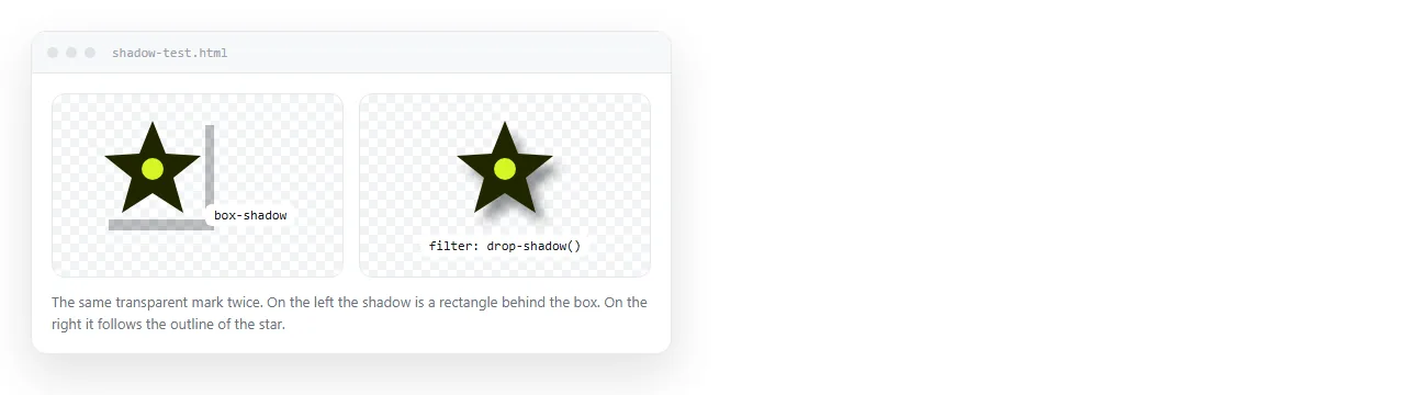 Two identical transparent logos side by side, one with box-shadow, one with drop-shadow.
