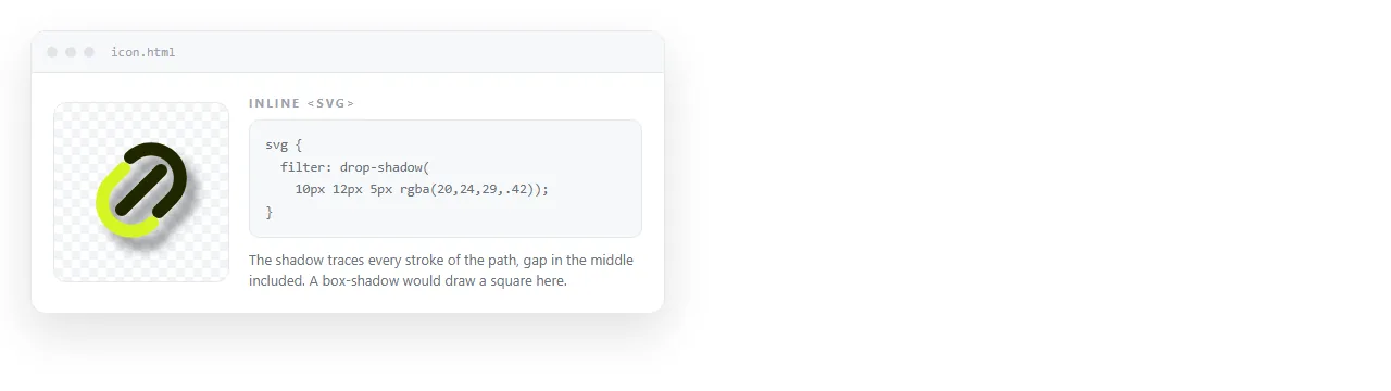 An inline SVG icon with filter: drop-shadow applied, shadow tracing the path outline.