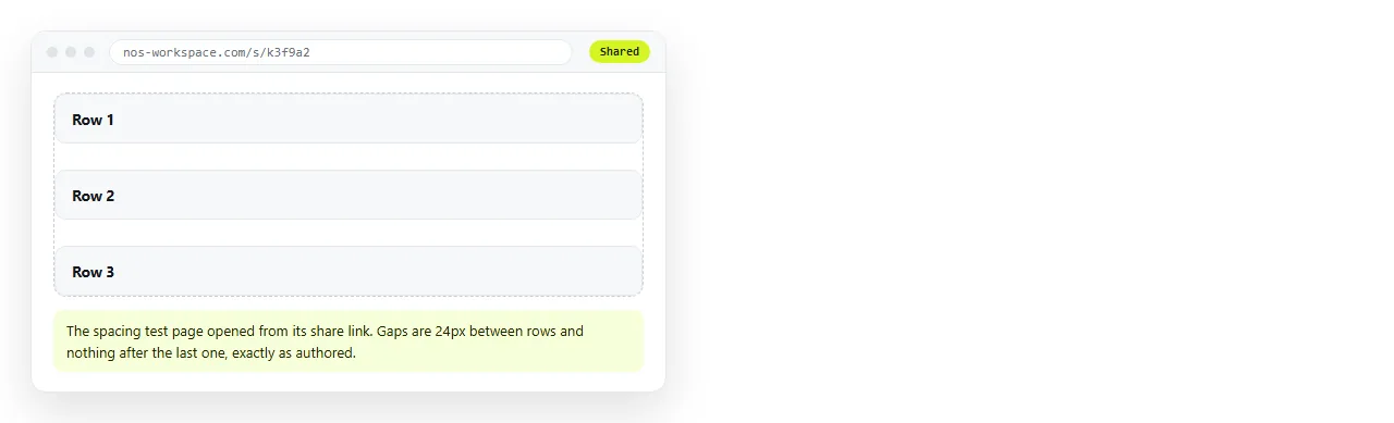 The spacing test page opened from a share link, gaps rendering as authored.