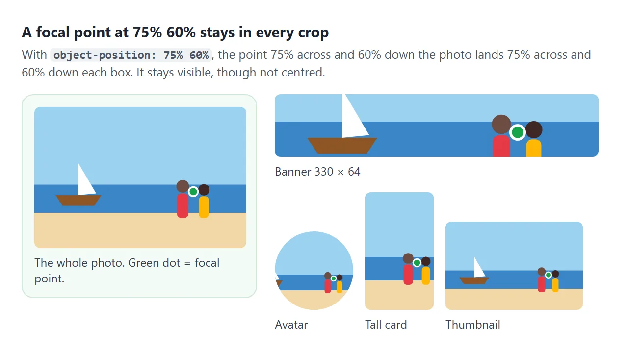 The point at 75% 60% of the photo lands at 75% 60% of every box.