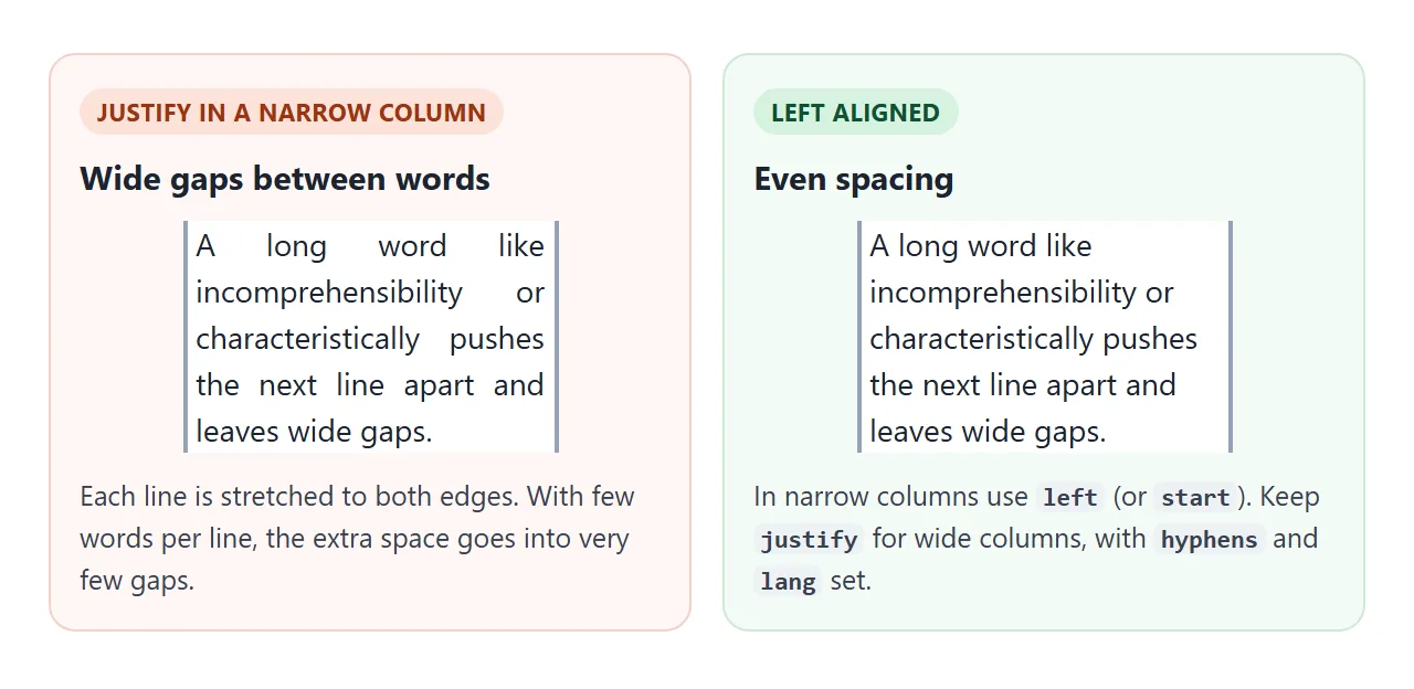 The same sentence justified and left-aligned in a 170px column.