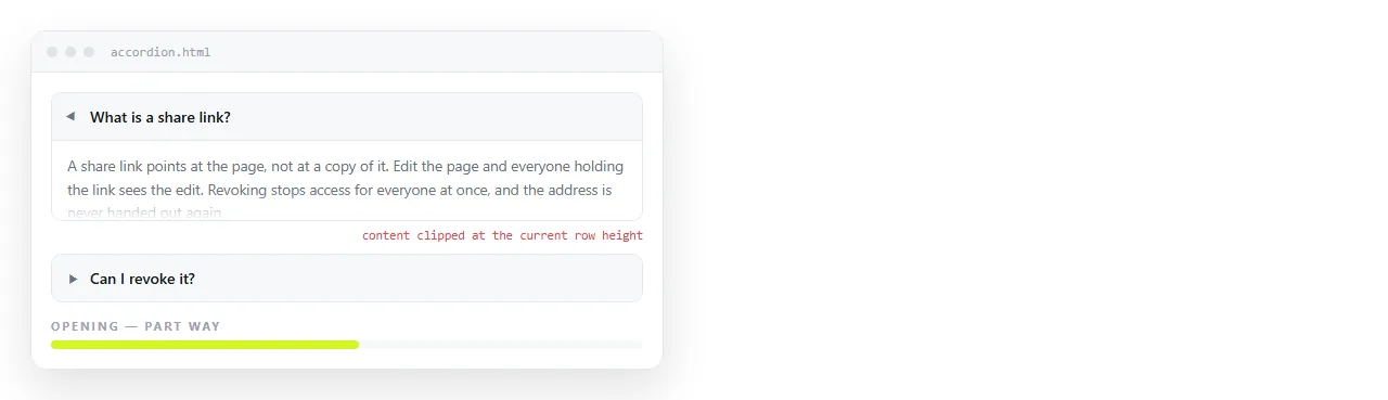 An accordion panel part way through opening, the content clipped at the current row height.