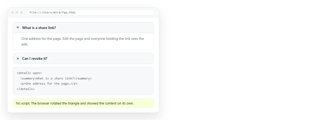 A details element open in a browser, with its disclosure triangle rotated and the content visible below.