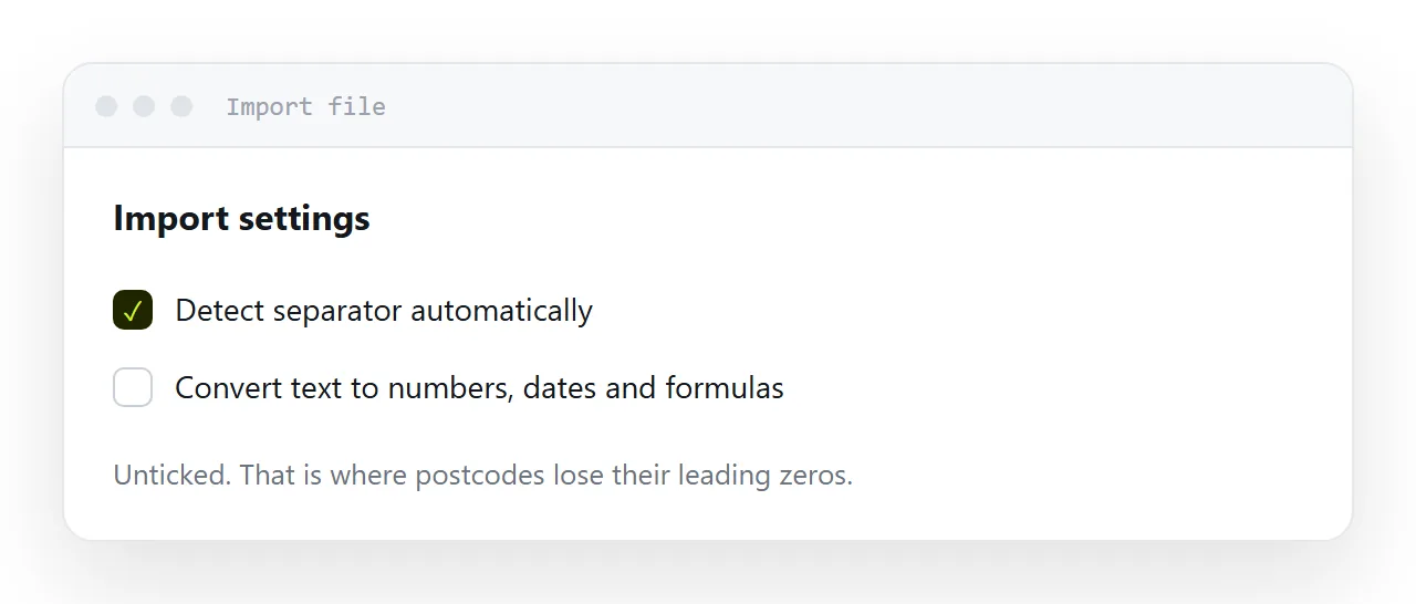 An import dialogue with automatic type conversion turned off.