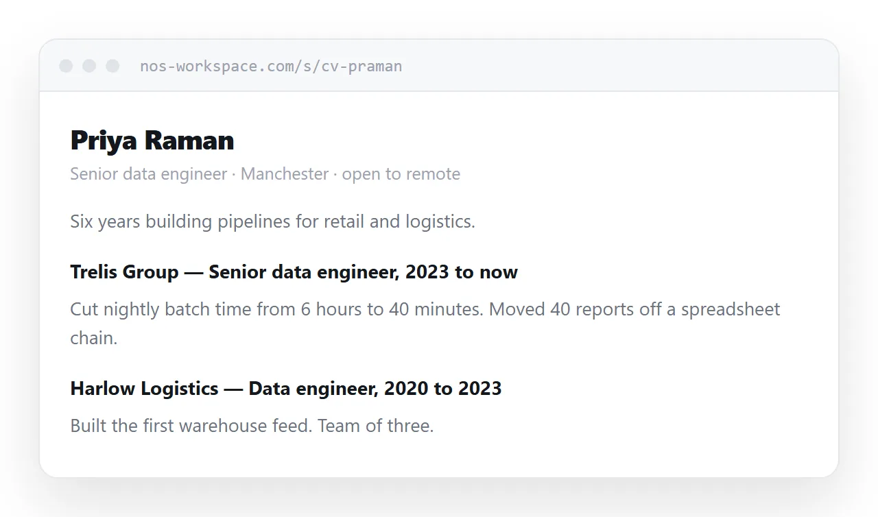 A CV in a browser. Name and current role at the top, then roles with outcomes beneath.