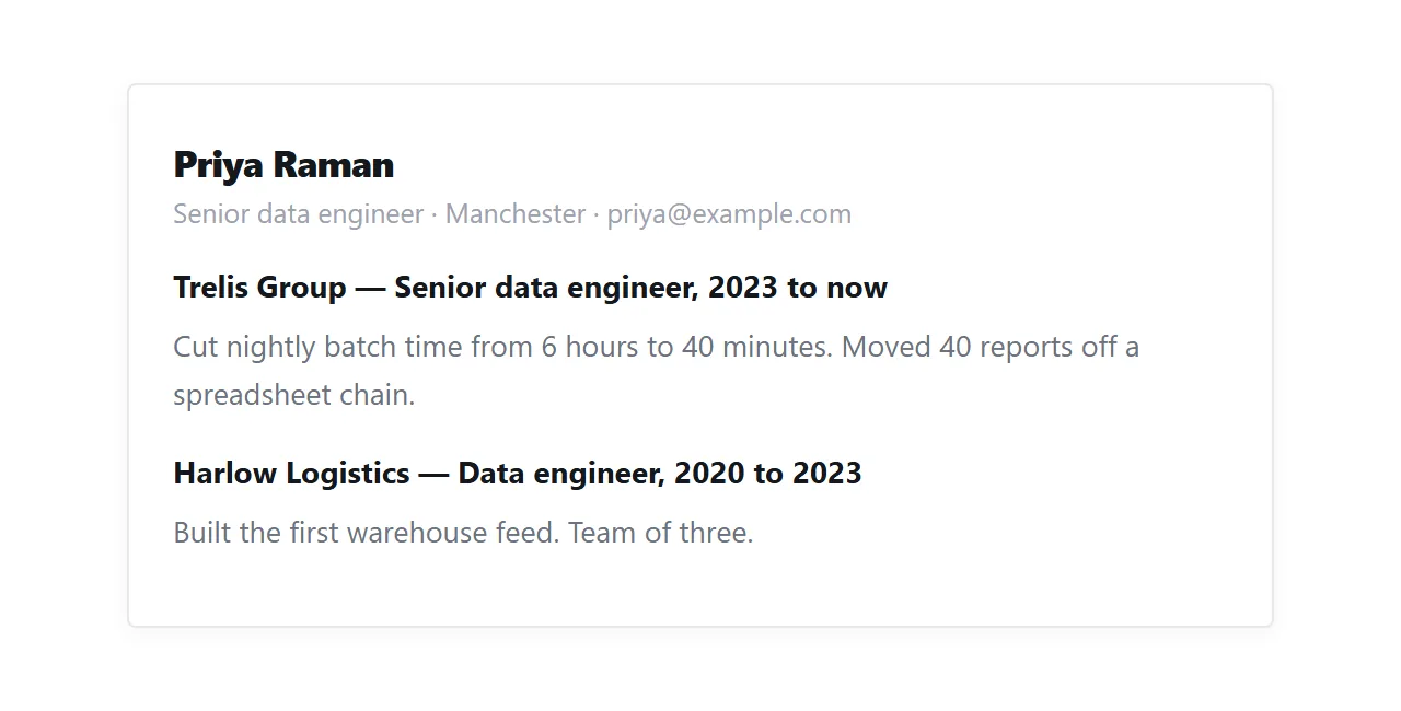 The same CV as a printed page. Download button hidden, roles unbroken across the page.