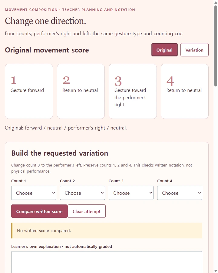 One direction, four counts — Give learners an original four-count movement score, ask them to change one spatial direction while preserving order and timing, and…