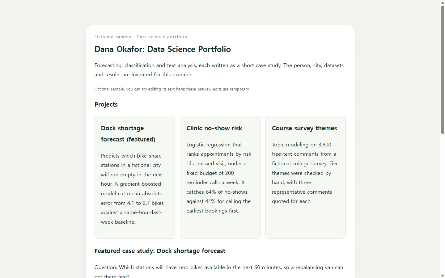 Dana Okafor: Data Science Portfolio — fictional sample