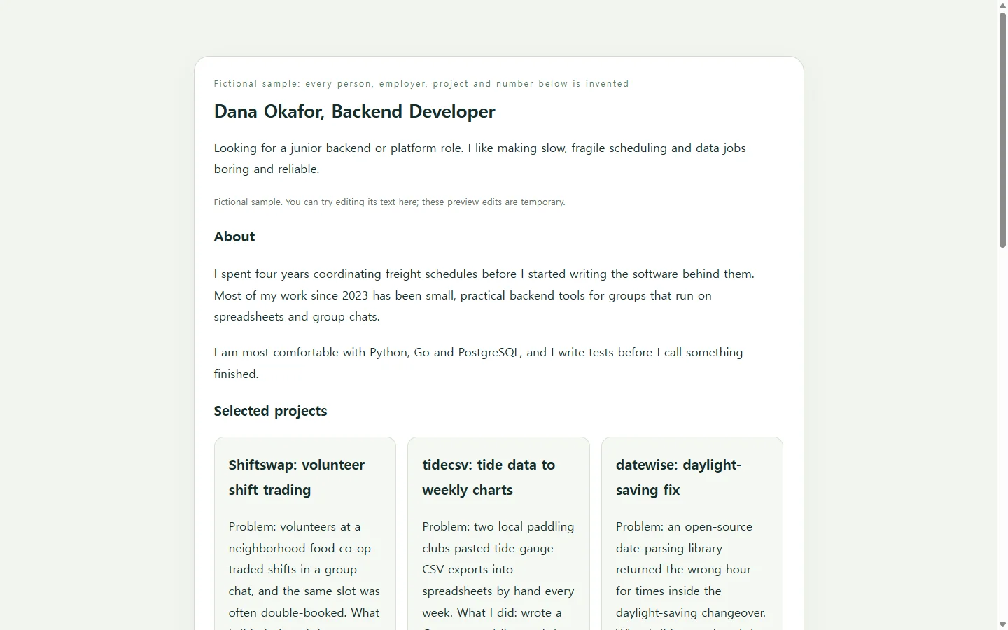 Dana Okafor, Backend Developer — fictional sample