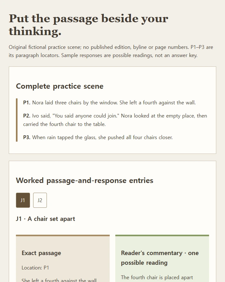 Two passage-and-response entries, a plot-summary comparison, and a later reading that preserves the earlier interpretation