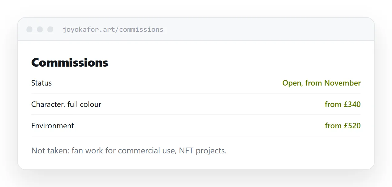 A commissions section stating availability, rough pricing and what is not taken.