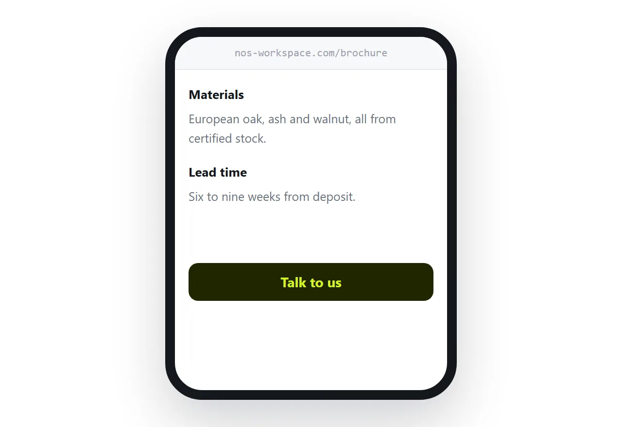 A brochure page with a contact action visible at the bottom of the screen.