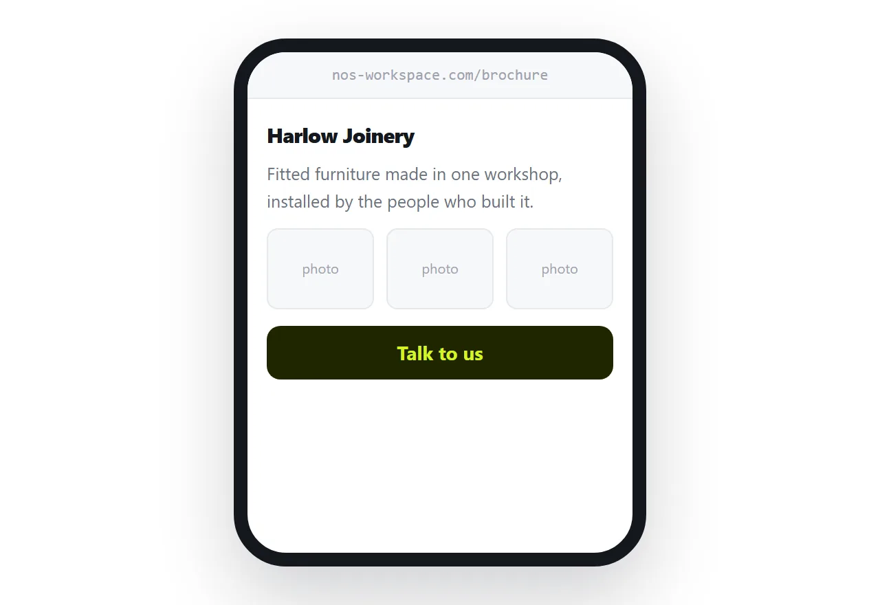 A brochure as a page on a phone. Text reflows to the screen and the contact button is fixed at the bottom.