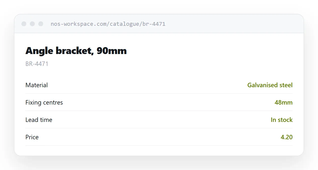 A single product page with specification, lead time and price.