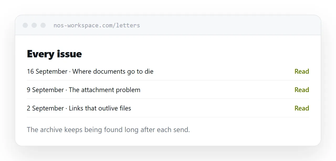 An archive page listing past issues, each at its own address.