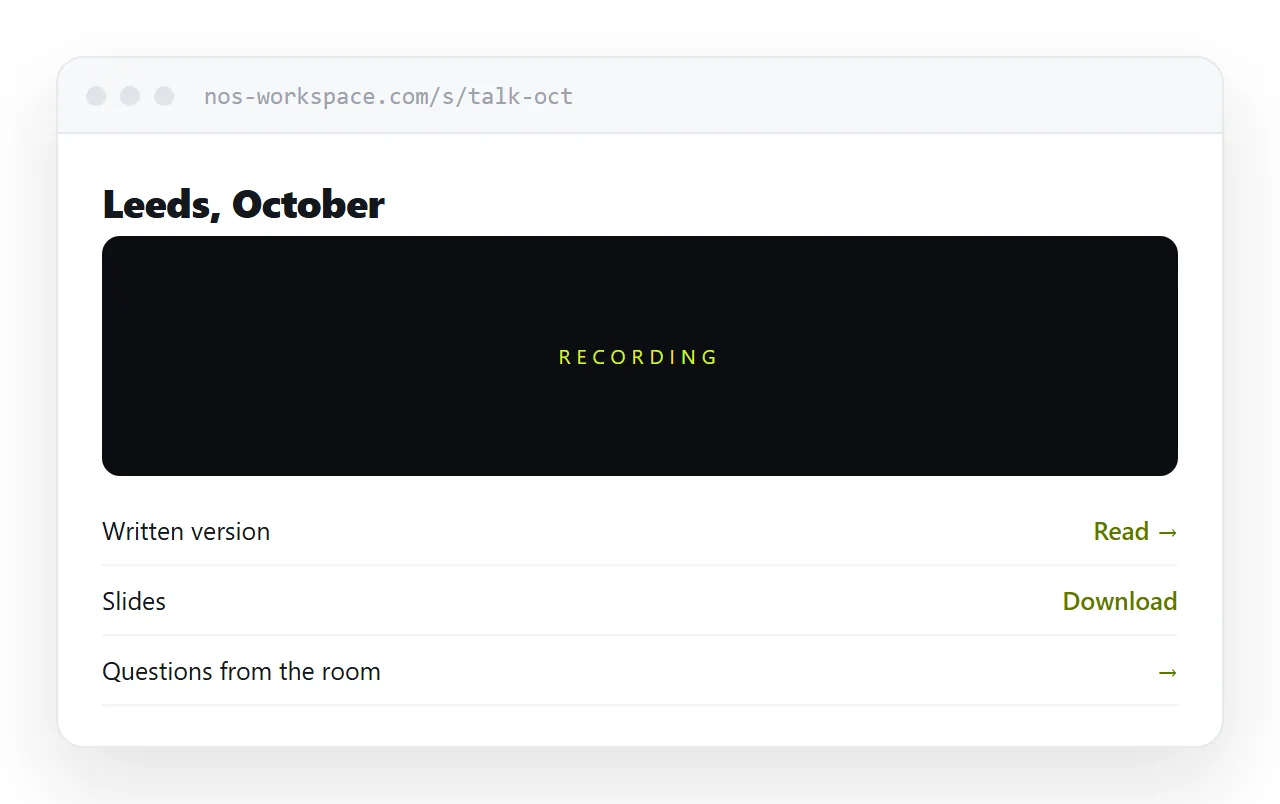 A presentation page with the recording, the written version and a deck download together.