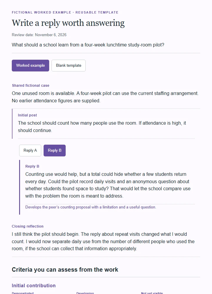 Write a reply worth answering: fictional worked example and reusable blank template.