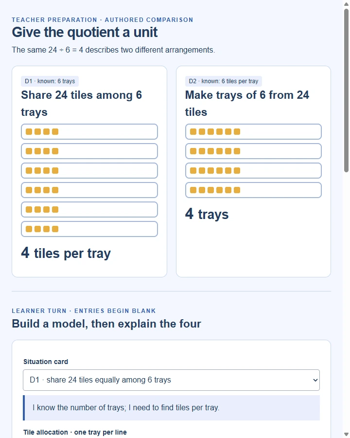24 Tiles · Two Division Meanings — Match a division situation to its unknown group quantity and state the quotient's unit rather than report a bare number.