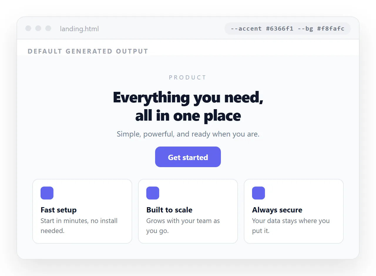 A generated landing page in its default form, centred hero above three feature cards.