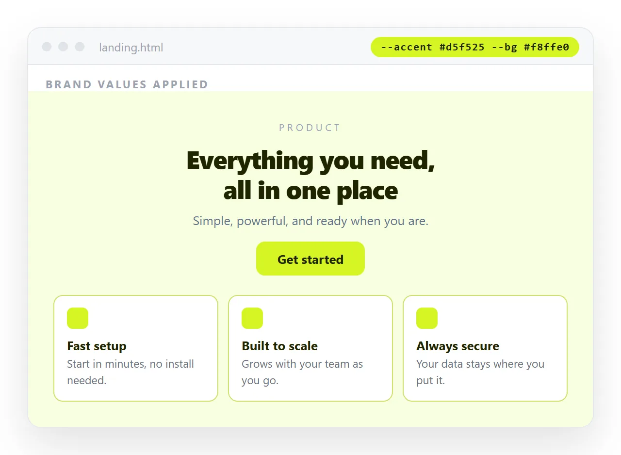 The same page after the accent and background values were replaced with brand colours.