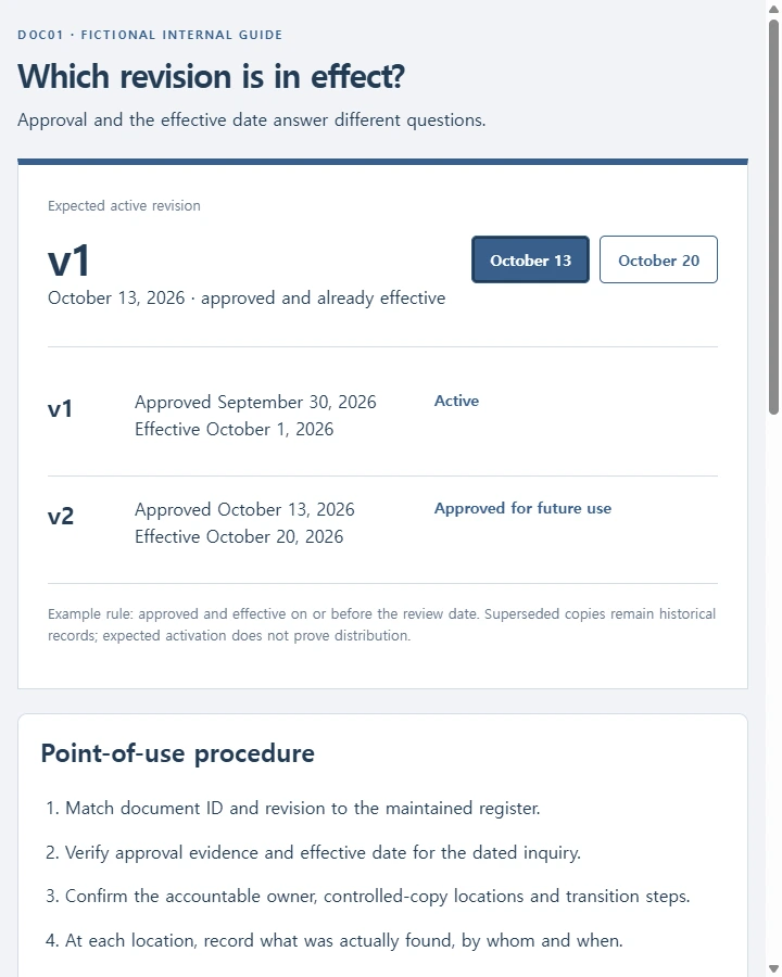 DOC01 dated revision review — Check a document register's approval and effective dates, select the revision actually in effect at a dated point of use, and prepare…