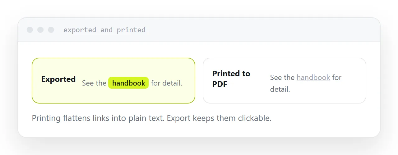 An exported document with working links beside a printed one where links became plain text.