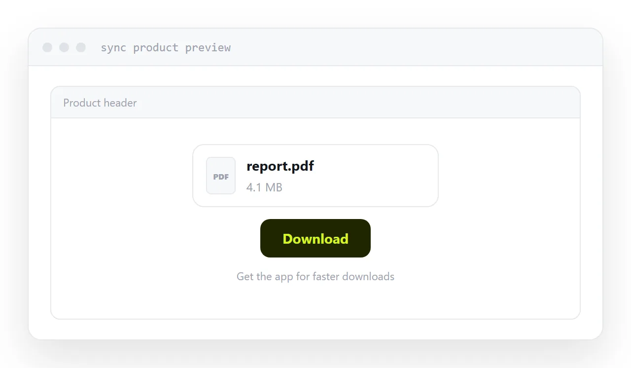 A shared file preview inside a sync product, with a download button and a signup prompt.