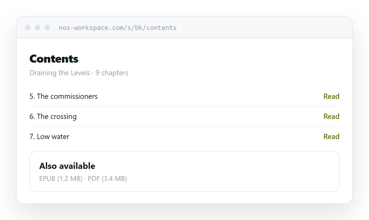 A contents page listing chapters, with EPUB and PDF downloads offered underneath.