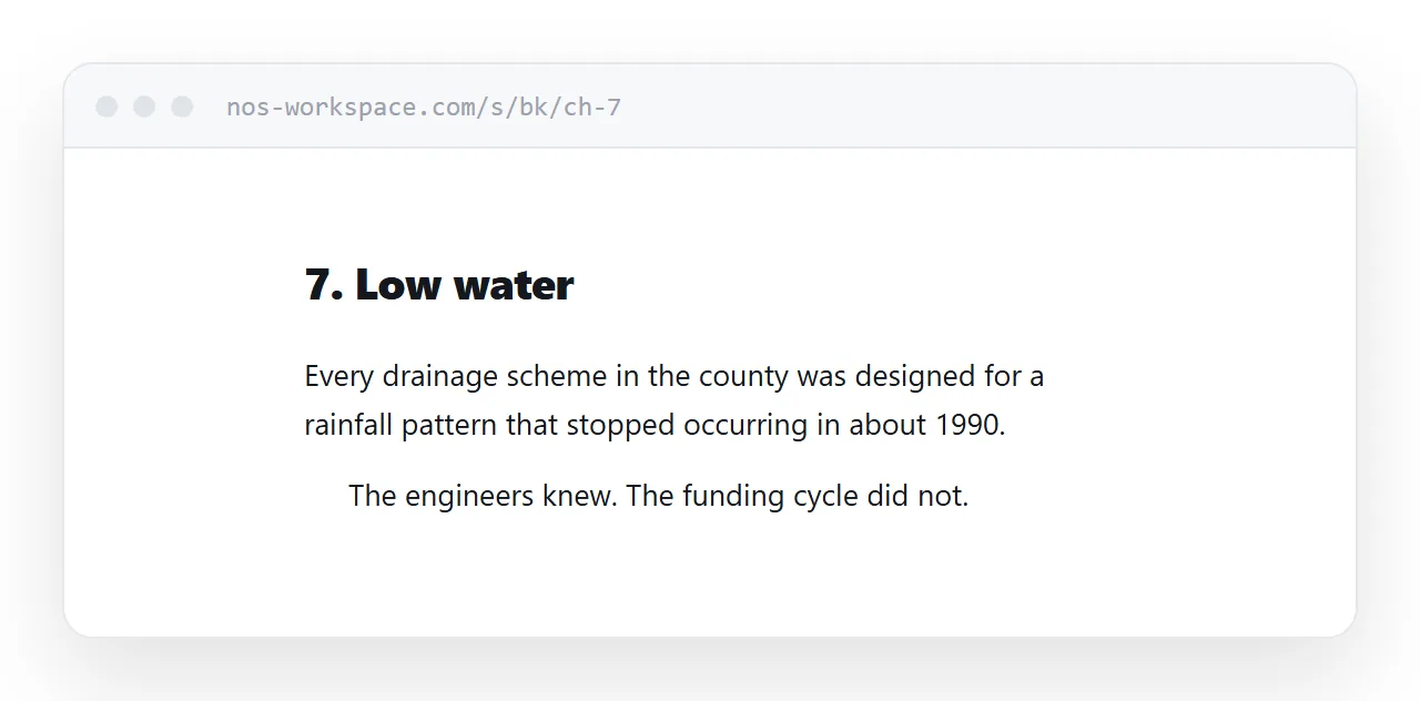 An ebook chapter in a browser. Chapter title, a narrow column of text, contents link at the top.