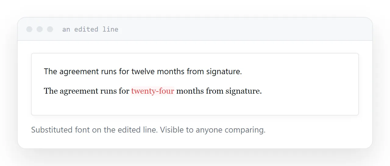 An edited line in a document with a substituted font visibly different from the surrounding text.