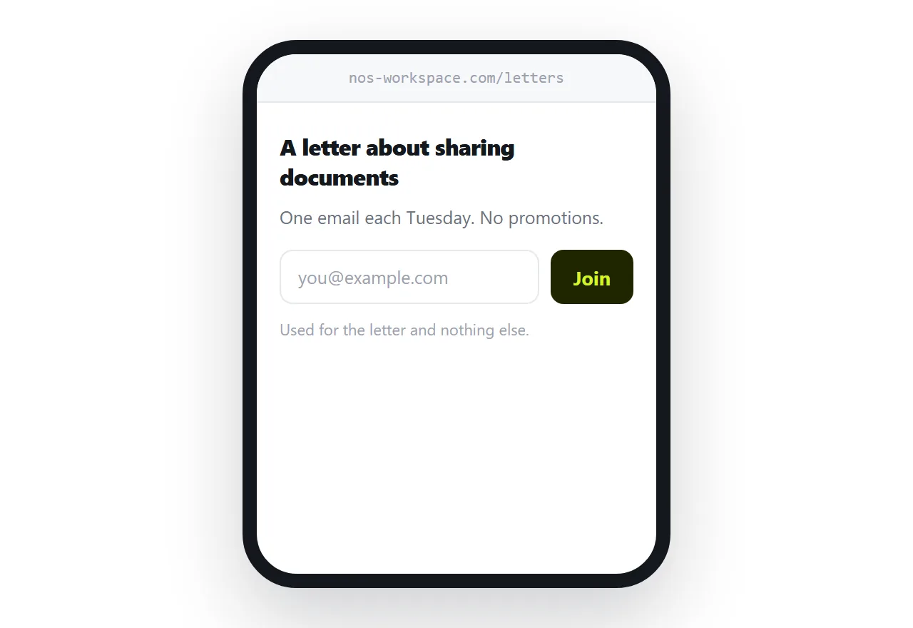 A capture page on a phone with one field, a clear promise and a privacy line.