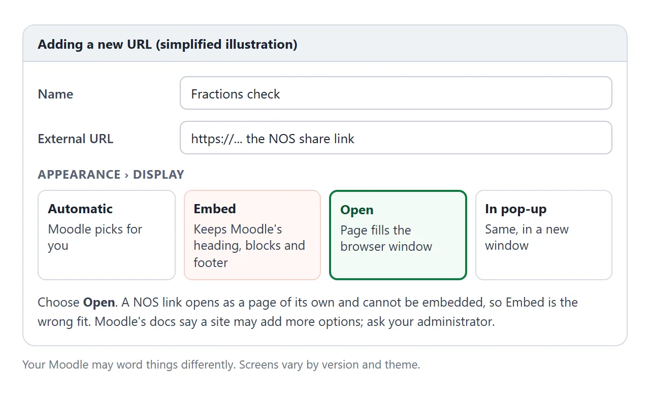 The URL form with Open chosen. (Simplified illustration, not a Moodle screenshot.)