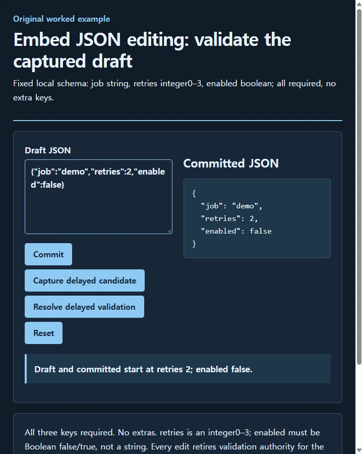 Embed JSON editing: validate the captured draft