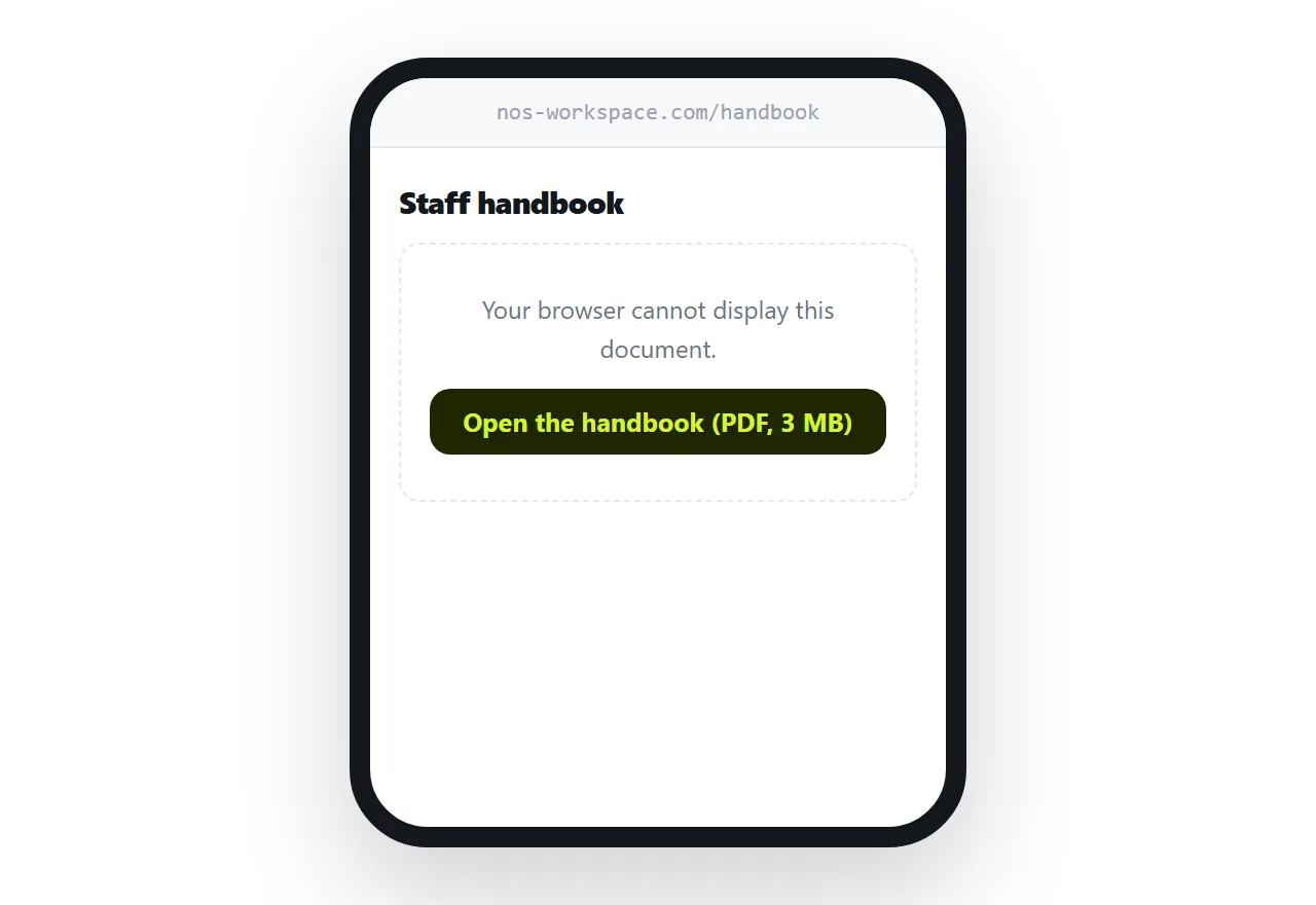 A phone showing the fallback link where the embedded document failed to render.