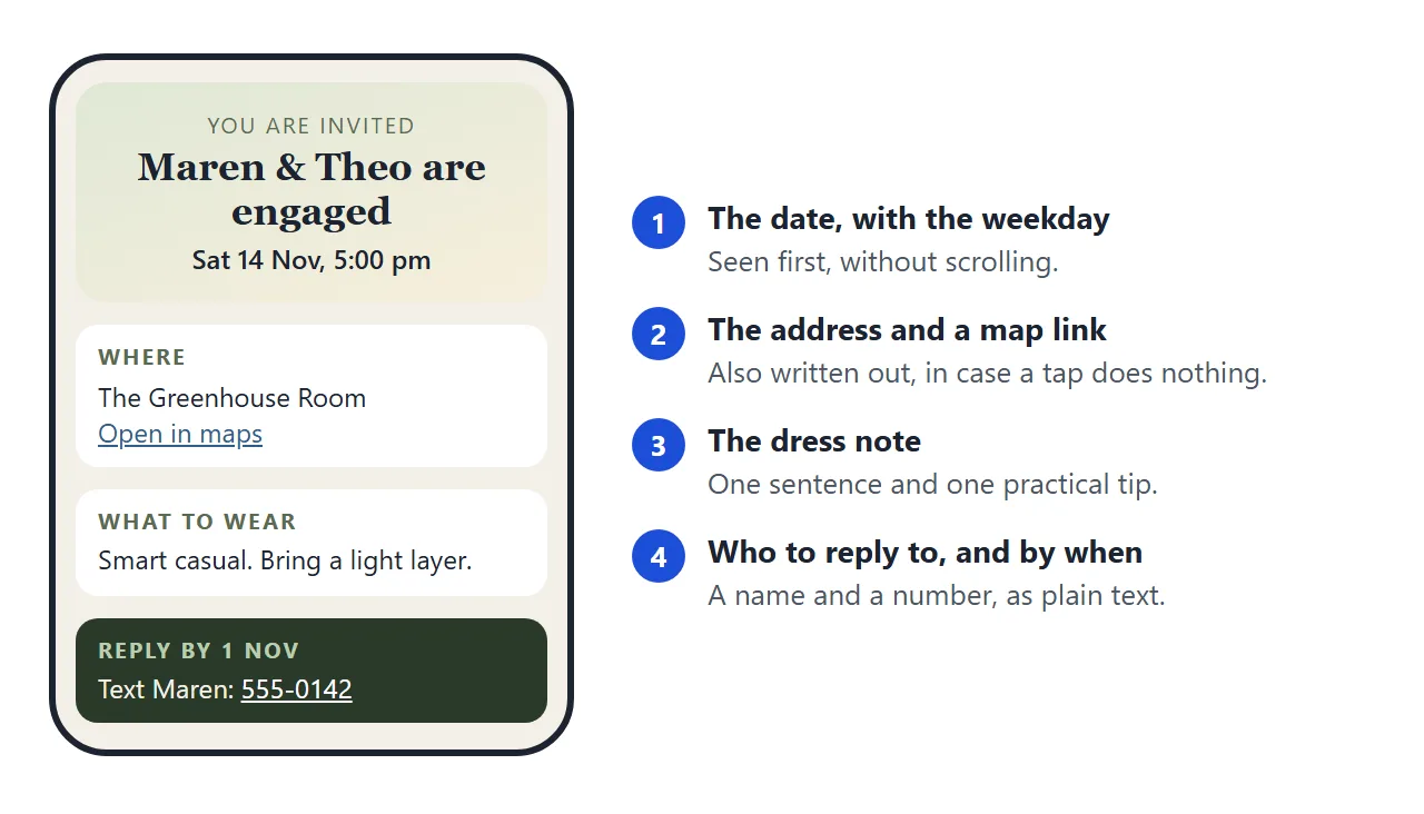 The invitation as guests see it on a phone: date, place, dress code and how to reply.