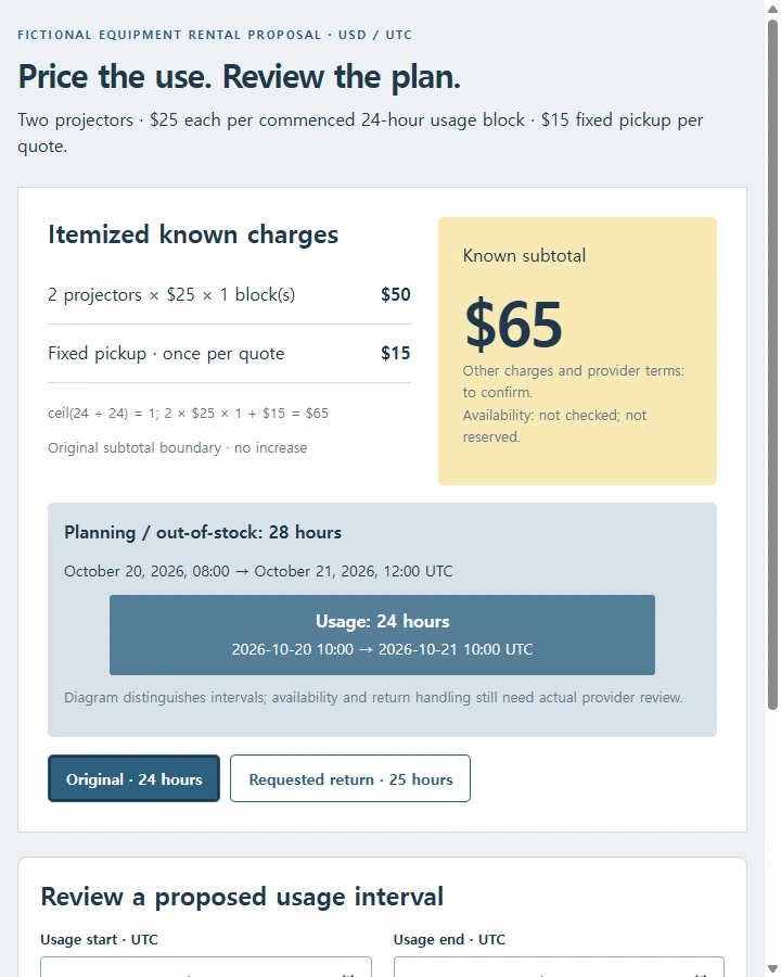 Two-projector rental proposal — Prepare a rental quote that declares billable-time rounding and separates usage duration from out-of-stock planning duration, then review…